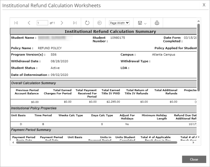 Institutional Refund Calculation Summary