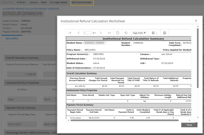 Institutional Refund Calculation Worksheet
