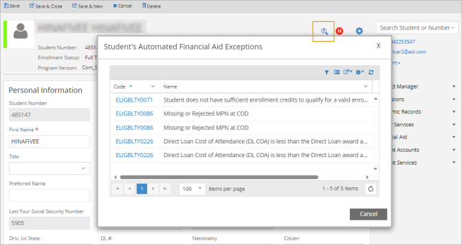Student's Automated Financial Aid Exceptions