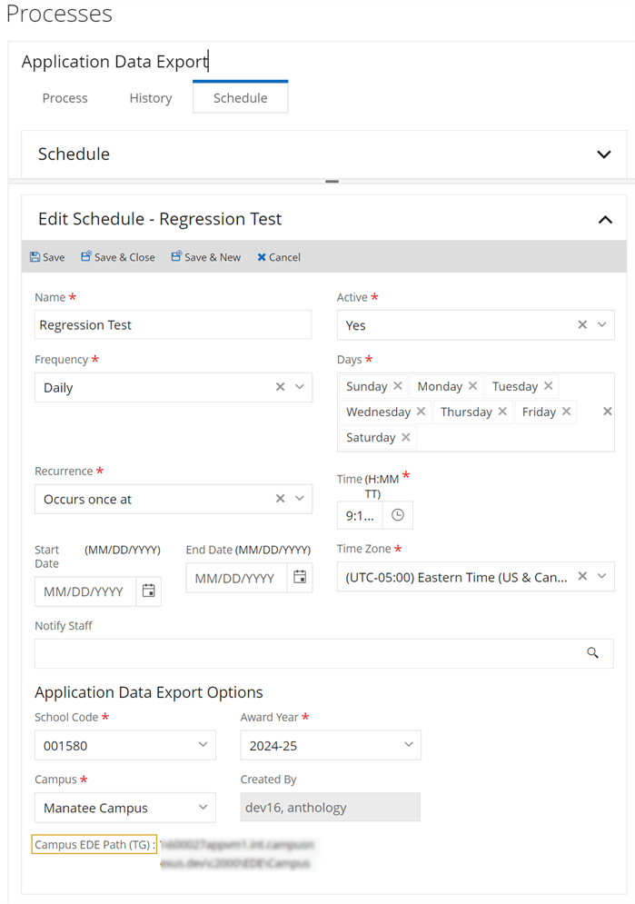 App Date Export - Schedule tab