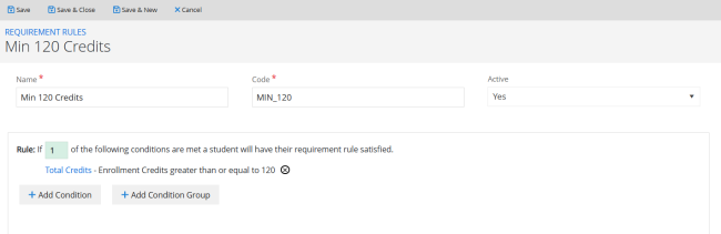 Illustration that  shows a requirement rule applied to the program that requires a minimum of 120 credits.