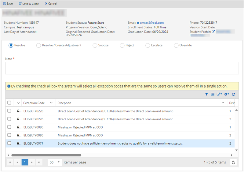Exception tab