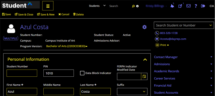 Student Profile page shown in high contrast mode with a black background with white and yellow text. 