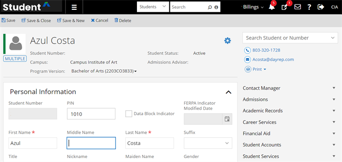 Student Profile page demonstrating a blue focus indicator.