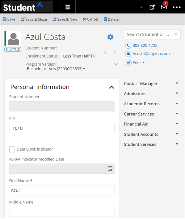 Student Profile page zoomed to 150% showing the one-column layout.
