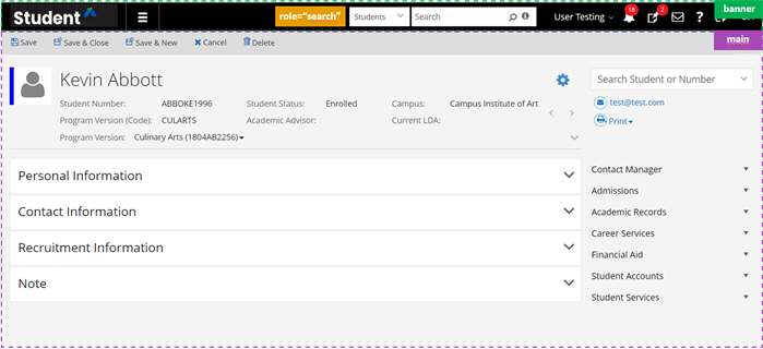 Student Profile page showing banner and main landmarks along with ARIA labels for Student Details, Content – Kevin Abbott, Search student or number, and Navigate Student Profile.