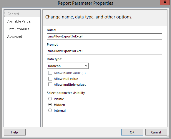 General tab settings for cmcAllowExportToExcel parameter