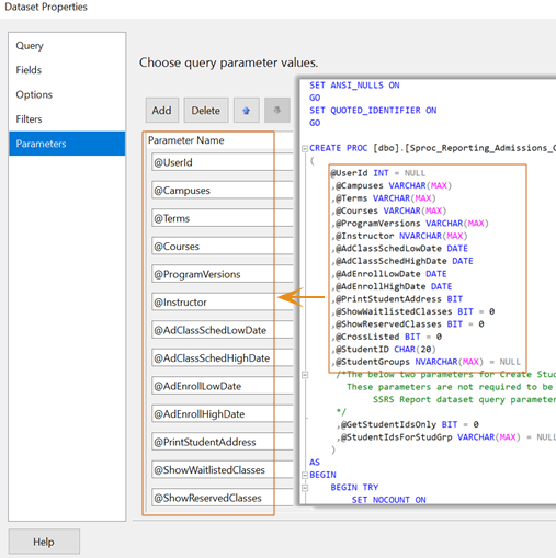 Dataset’s stored procedure parameter names