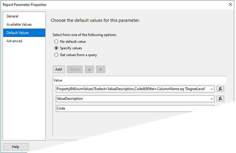DegreeLevelQuery parameter in Report Designer