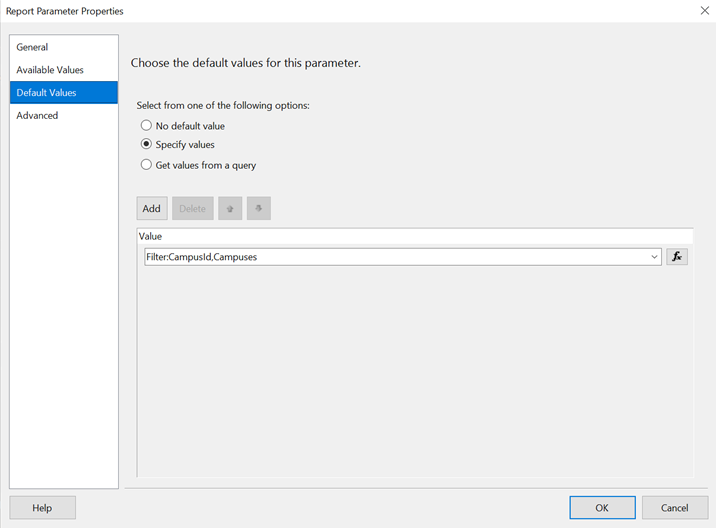 TermQuery parameter in Report Designer