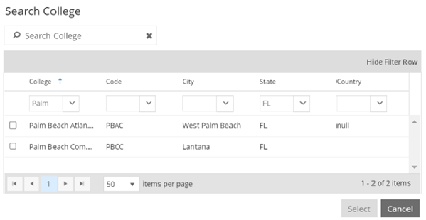 Shows a filtered dialog for institutions. 
