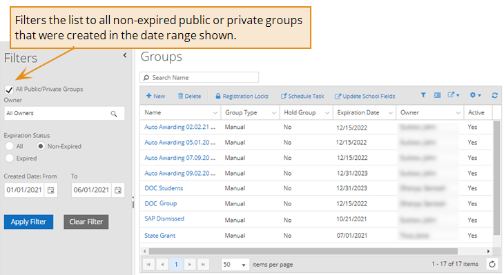 Shows the Groups page using filters. 