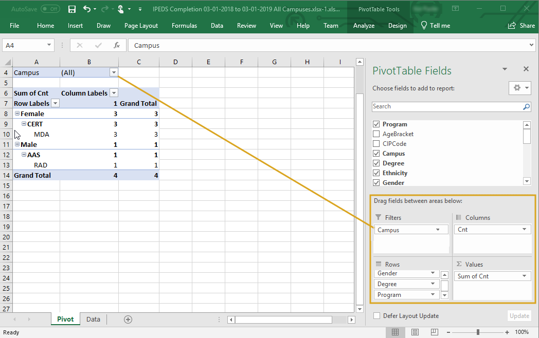 IPEDS Completion Report - Pivot tab - Filters