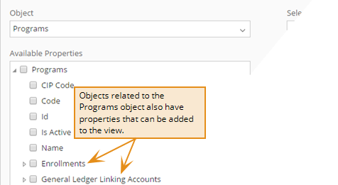 Two related objects as they apprear in the Available Properties list. 