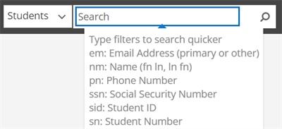 Shows the search filters in the Students field. 