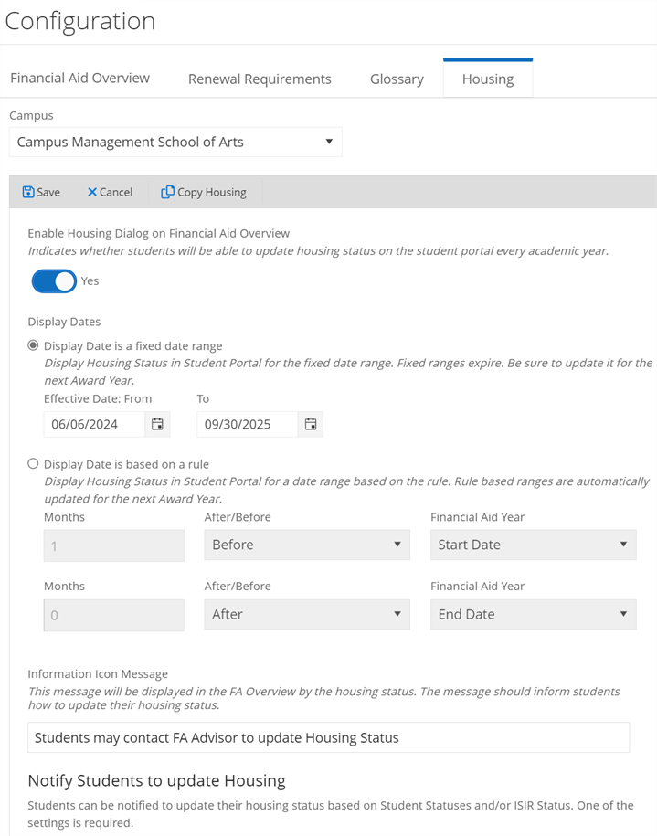 Enable Housing Dialog on Financial Aid Overview