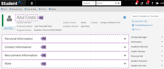 Student Profile page with the student’s name marked as an H1 and four accordions (Personal Information, Contact Information, Recruitment Information, and Note) marked as H2. 