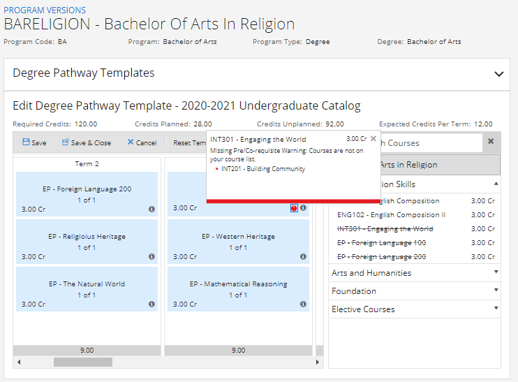Shows the details for a course in a pop-up. 