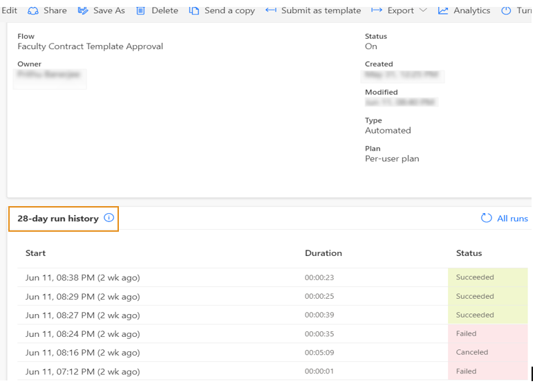 Example for 28-day run history