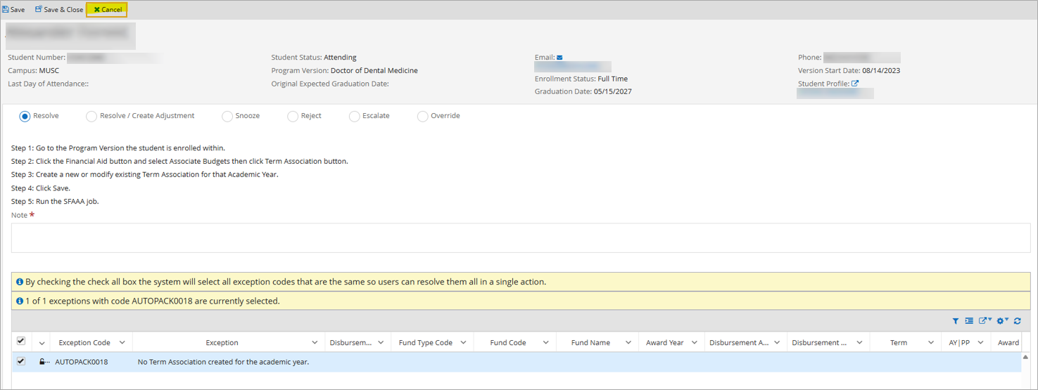 FAA Exception - cancel