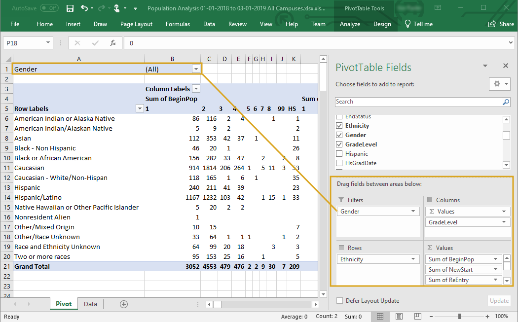 IPEDS report - Pivot tab - Filters