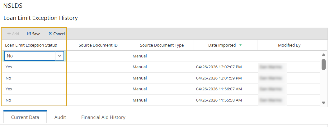 NSLDS - Loan Limit Exception History grid and tabs