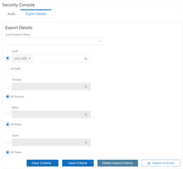 Shows example for all tasks, groups, roles, and tasks for a staff member. 