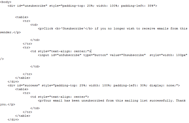 Extract of the Sample Unsubscribe HTML Page
