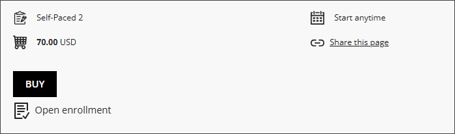 Ar waelod chwith panel manylion y cwrs, sy'n dangos manylion am y cwrs, 70.00 USD fel cost y cwrs, a'r botwm Prynu.