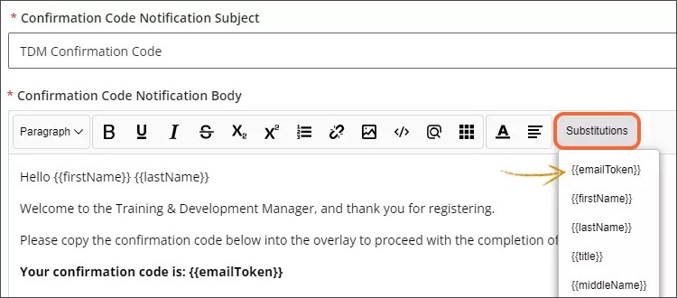 Cod cadarnhau: corff e-bost a phwnc gyda botwm amnewid wedi'i amlygu mewn oren ac opsiynau amnewidiadau wedi'u hehangu. Mae saeth yn dynodi {{emailToken}}.
