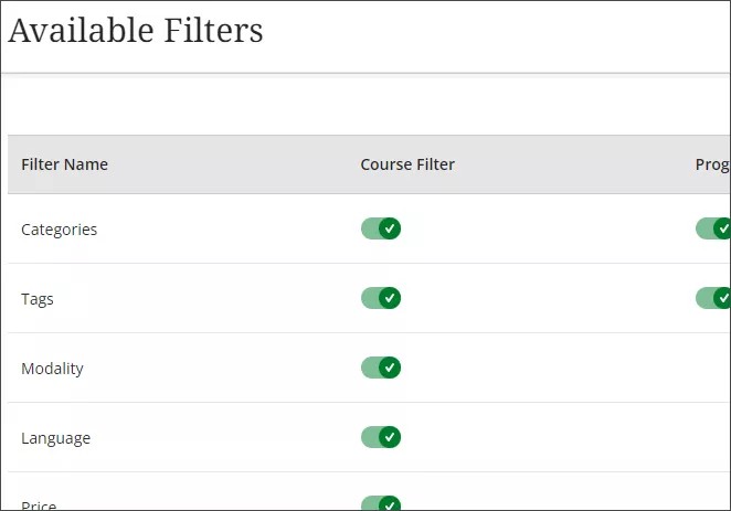 The Available Filters screen, showing the Filter Name and a Course Filter toggle for each individual filter option.