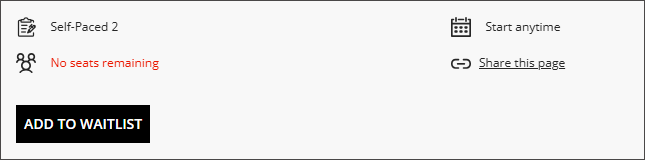 The bottom left of the course details panel, which shows details about the course, "No seats remaining" in red, and the Add to Waitlist button.