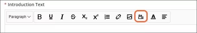 The toolbar in the text editor for the introduction text, with the video icon, which looks like a video camera, highlighted in orange