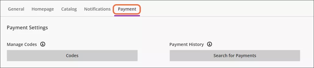 The Payment Settings screen, with the Payment tab highlighted in orange, showing the options for Manage Codes and Payment History.