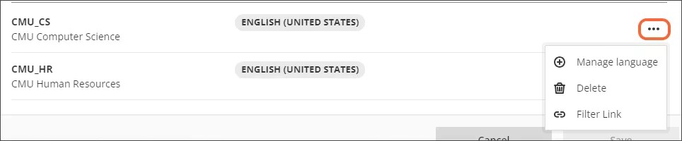 The three dot menu on the category row expanded to show the Manage Language, Delete, and Filter Link options.