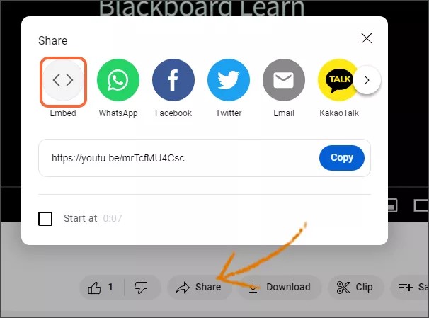 An arrow indicating the share link in the background with the Share options in the foreground. The Embed option, indicated by <>, is highlighted in orange.