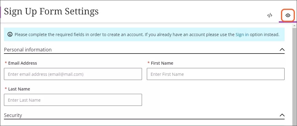 The preview icon, which looks like a stylized drawing of an eye, on the Sign Up Form Settings screen
