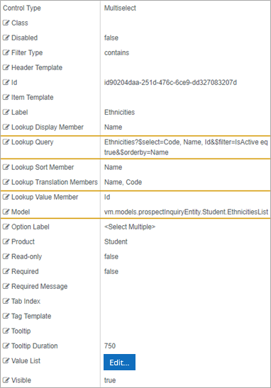 Multiselect properties