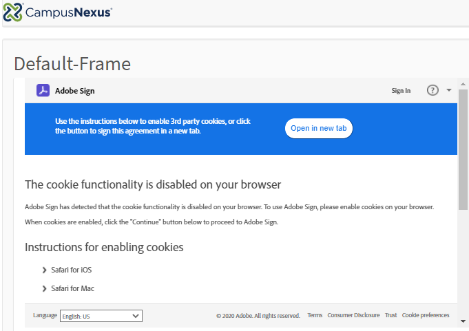 Adobe Sign page - Enable cookies