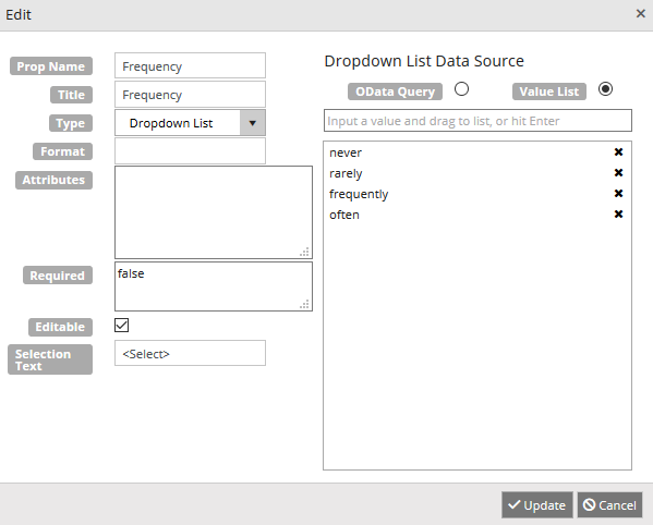 Column Specifications - Dropdown