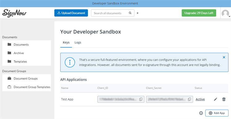 Sign Now Developer Sandbox