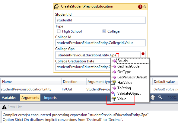 Workflow Composer errors on values