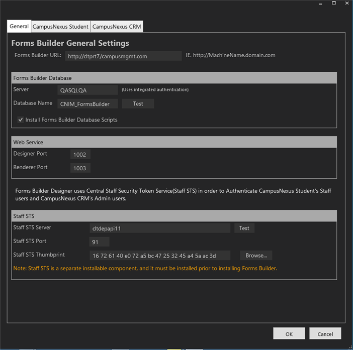 Forms Builder Options - General tab