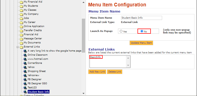 External Link > Menu Item Configuration