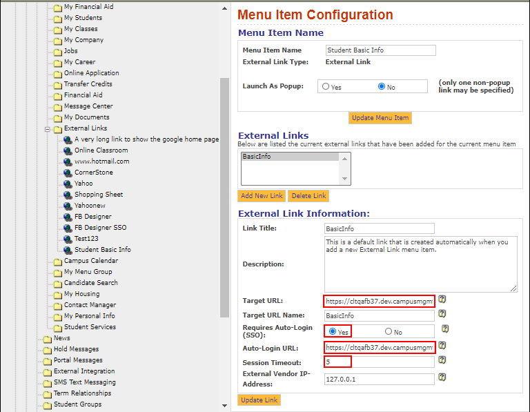 External Link > Menu Item Configuration