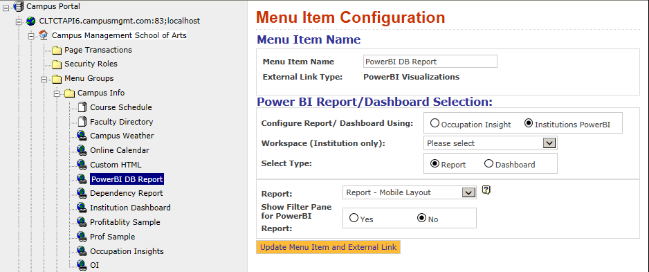 Power BI menu item