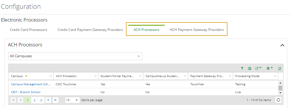 ACH Payment Gateway Providers tab