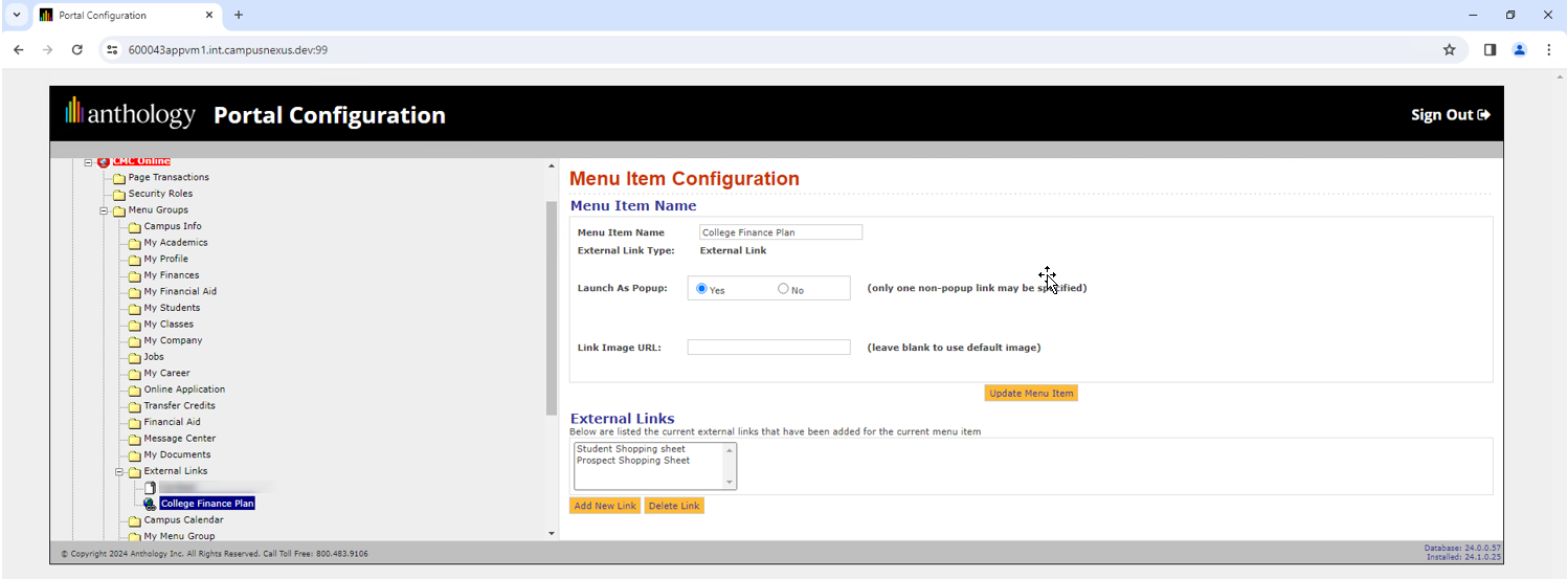 Menu Item Configuration
