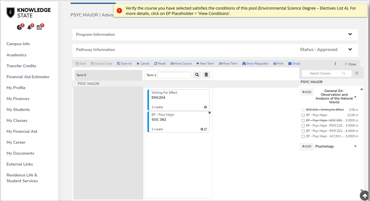 Elective Pool Warning Message