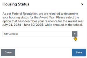 Housing Status pop-up
